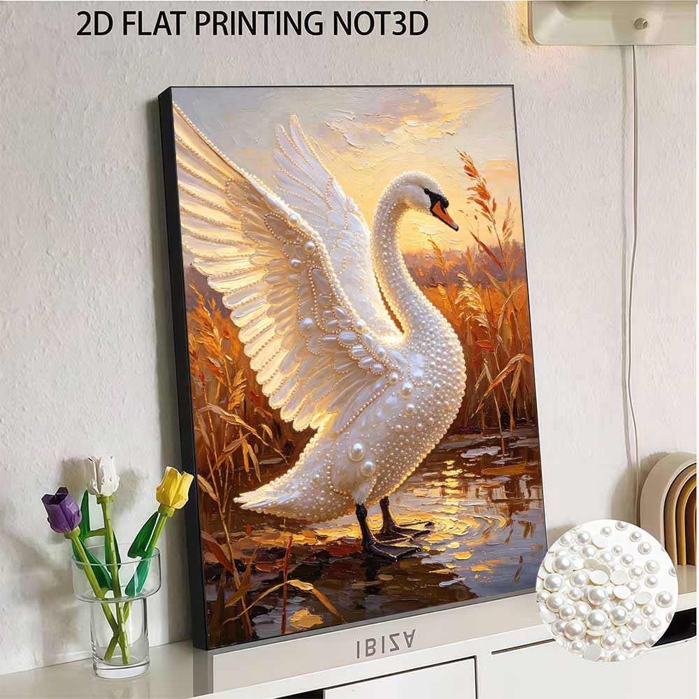 Framed Pearl Bead Painting Kit Elegant Swan Sunset Landscape DIY Shiny Canvas Art Creative Handmade Craft for Desk Decor Gift