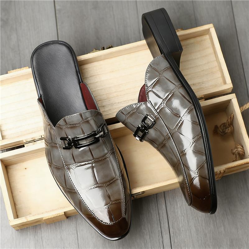 Designer New Men's Black Grey Brown Crocodile Pattern Leather Half Slippers Shoes Male Casual Mules Moccasins Breathable Loafers