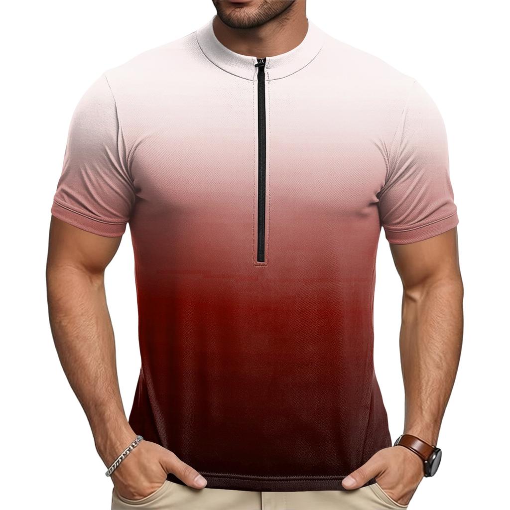 Men’s Crew Neck Gradient Print Zip Breathable Quick Dry Short Sleeve Cycling Jersey for Outdoor Sports Riding