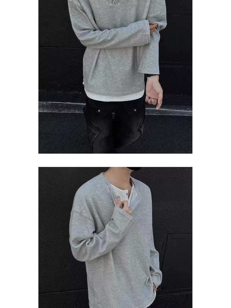 Men's Autumn Korean Style Slim-Fit Henley Long-Sleeve T-Shirt