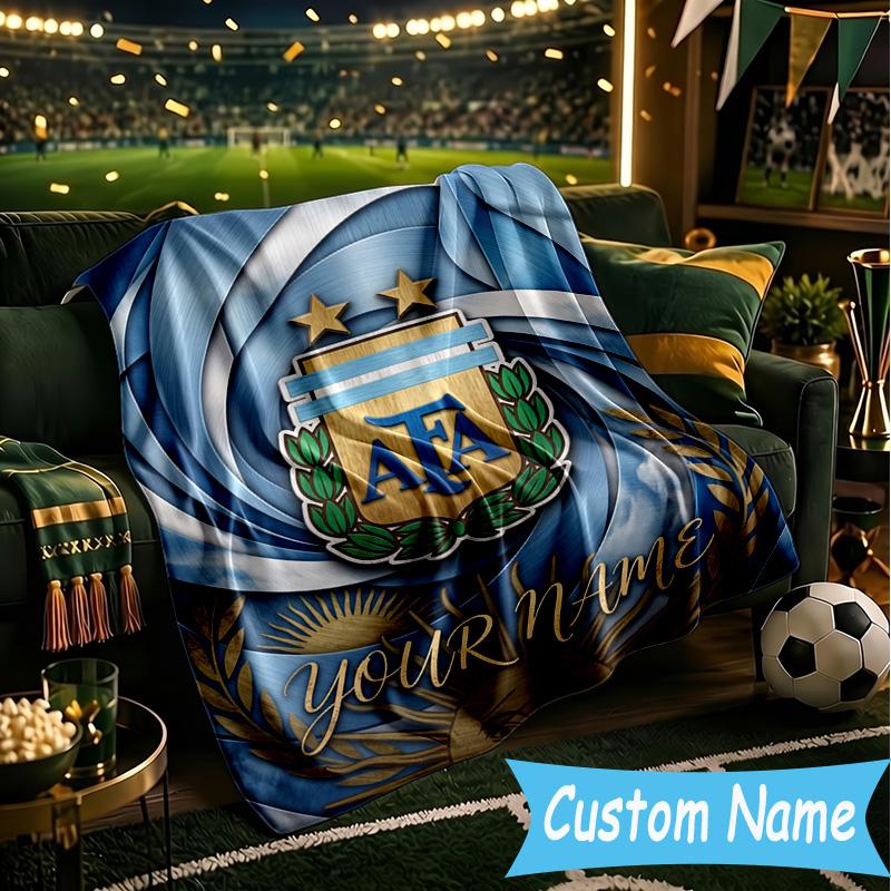 Custom Name Argentina Football Team Flannel Blanket, Use for Birthday/Holiday Gift, Soft Blanket for Sofa/Bed/Camping/Office, Home Decor