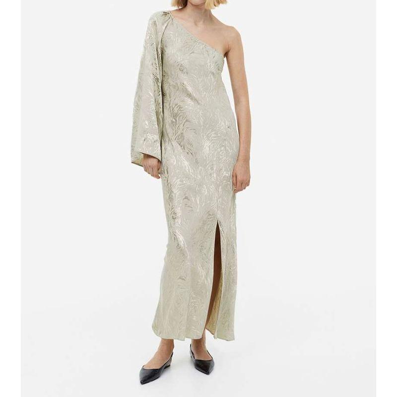 

Outside Single H Home Elegant Elegance Fashion Special-Interest One Shoulder Open Back Exquisite Jacquard Personalized Sexy Sexy Dress Grass Green XL