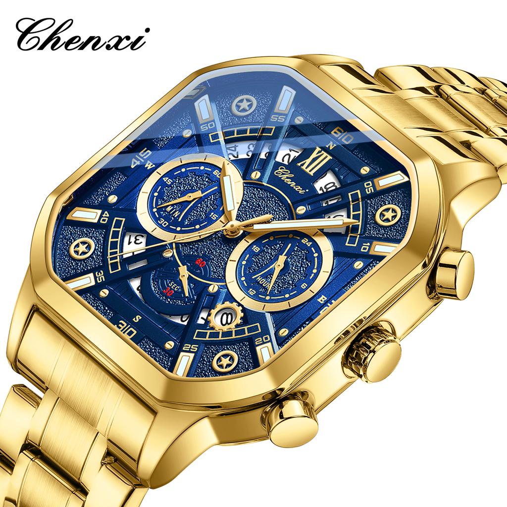Original CHENXI Watch Fashion Multi-functional Calendar Quartz Luminous Gold Stainless Steel Waterproof Square Watches For Men