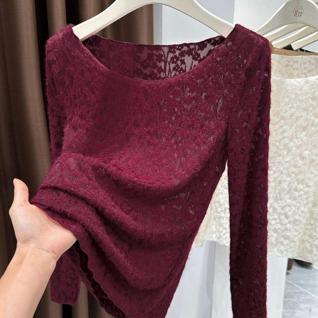 Women's Sexy Lace Hollow-Out Long-Sleeve Slim-Fit Top for Autumn/Winter