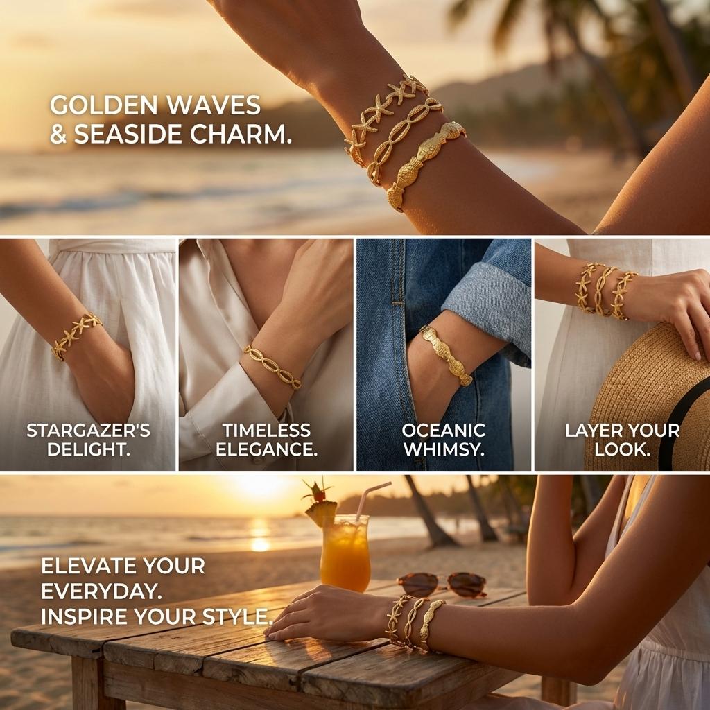 Stainless Steel Shell Starfish Bangles for Women Gold Color Metal Fish Cuff Bangle Bracelet Female Beach Party Aesthetic Jewelry