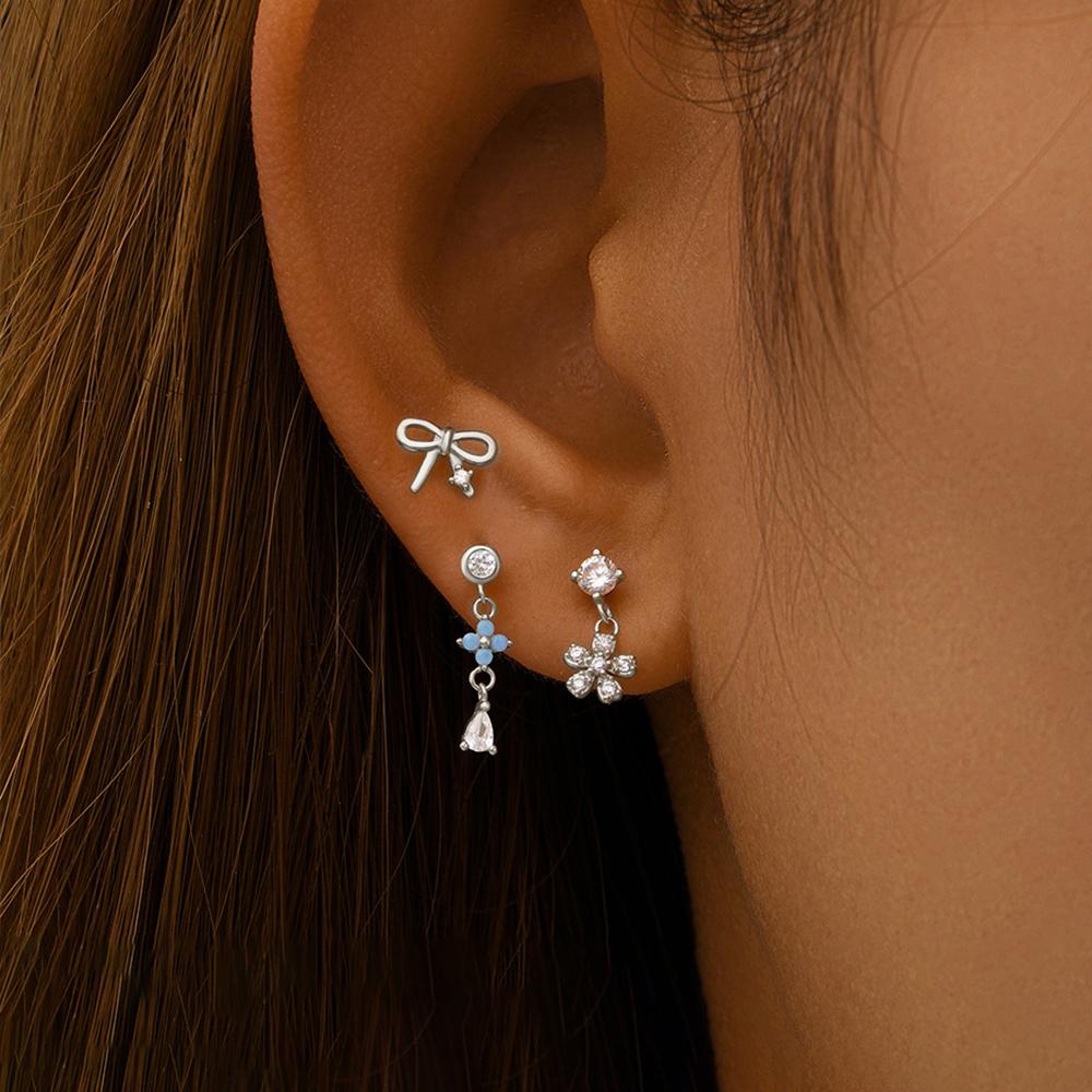 3PCS Stainless Steel Blue Opal Stone Flower Bowknot Petal Piercing Earrings Set For Women Statement Earring Party Jewelry aretes
