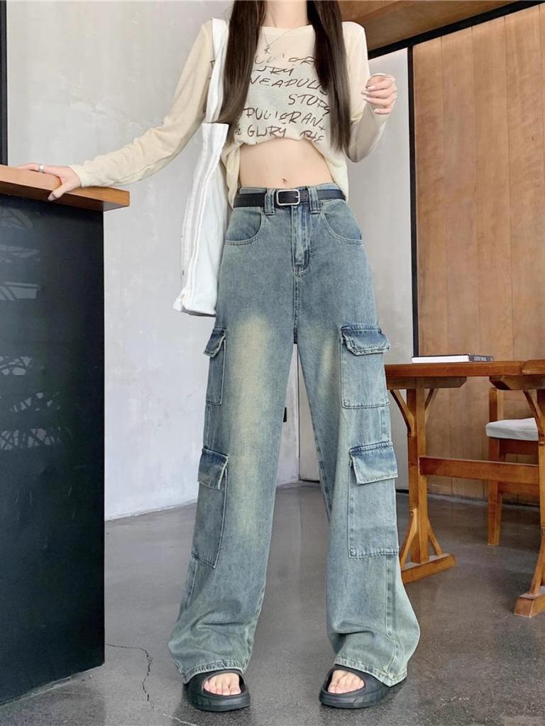 Women's Autumn 2025 High-Waist Multi-Pocket Wide-Leg Jeans