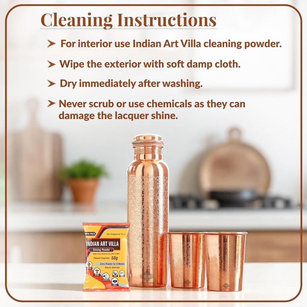 Pure Copper Drinkware Gift Set – Embossed Design with 1 Bottle (900 ML) & 2 Glasses (300 ML) In a Blue Box – Gifting Item