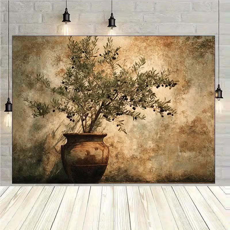 

2D Minimalist Greenery Backdrop, Vintage Olive Tree in Rustic Pot Background 47.2x31.5inch/120*80cm