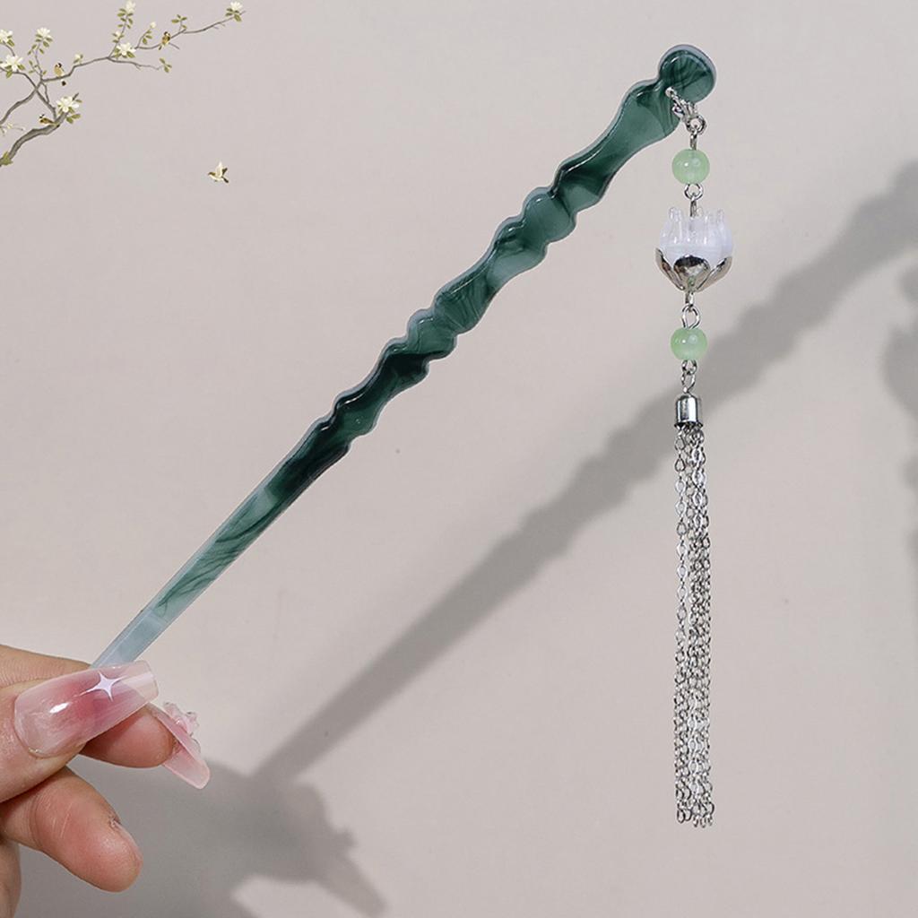 Ancient Chinese Style Hairpins Gradient Green Color Resin Hair Sticks Forks Chain Tassel Pendant Headpieces Hair Bun Maker