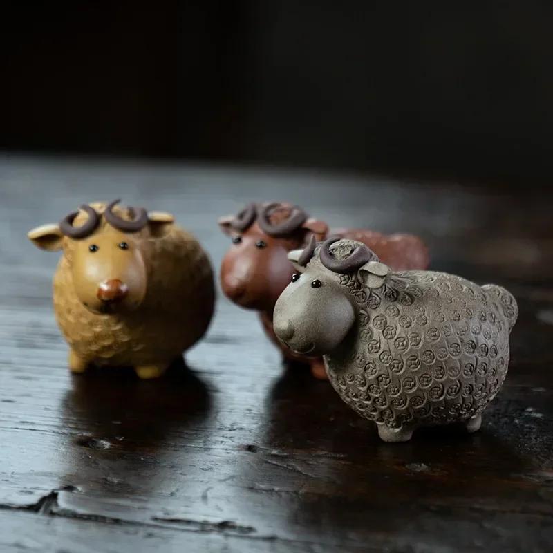 Chinese Yixing Purple Clay Tea Pet Lucky Sheep Statue Tea Figurine Ornaments Handmade Sculpture Crafts Home Tea Set Decoration