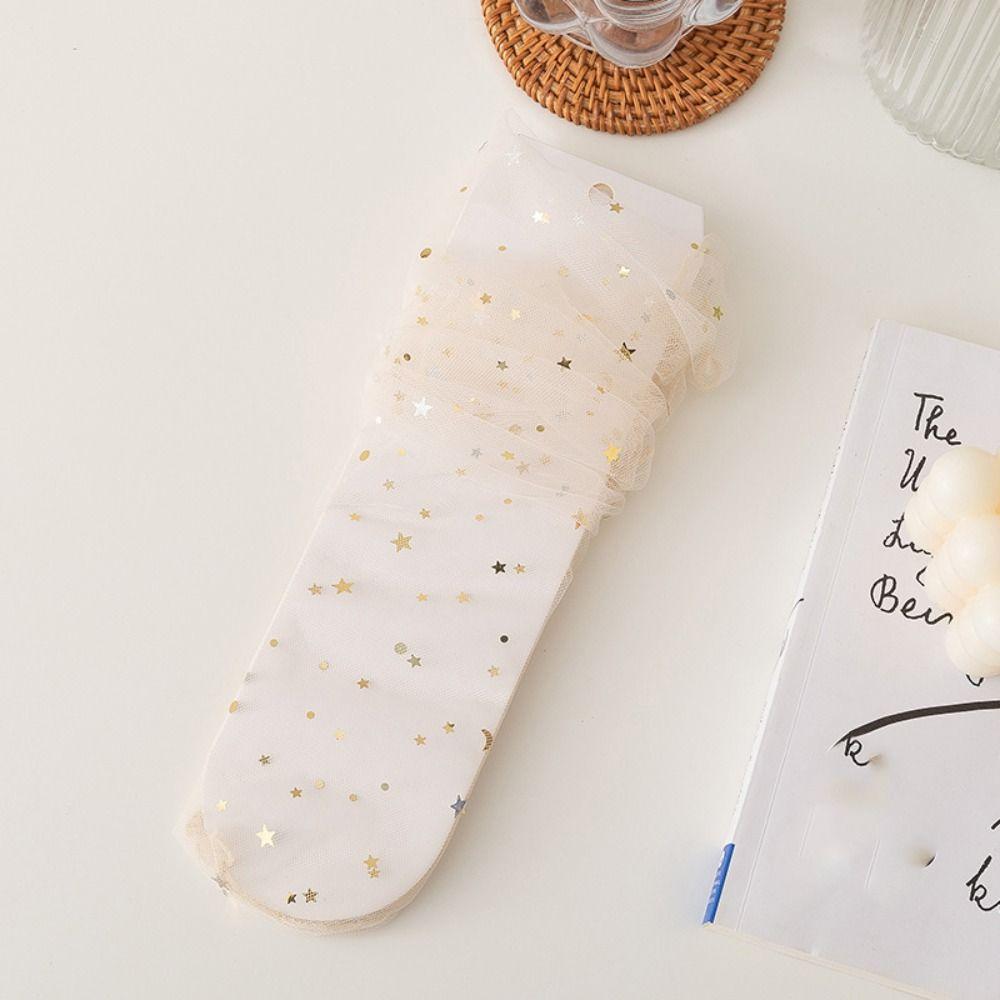 5Pairs Star Moon Tulle Shiny Socks Mid-calf Mesh Tube Socks Women Soft Transparent Bow Socks  Girl