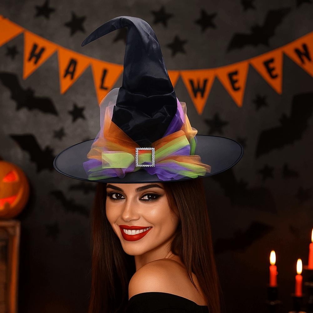 Baroque Mesh Bow Witch Hat Satins Wizard Cap Punk Halloween Witch Hat  Adult