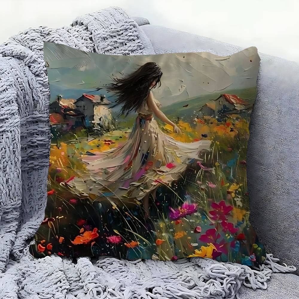 Woman And Flowers Art Oil Painting Personalized Picture Text Home Decorative Pillows Household Gifts 45x45cm