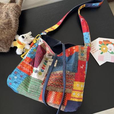 Doppelseitige Tasche Böhmische Denim-Canvas-Tasche Vielseitige Pendler-Tragetasche Auf beiden Seiten erhältlich Retro-Kontrast-Umhängetasche