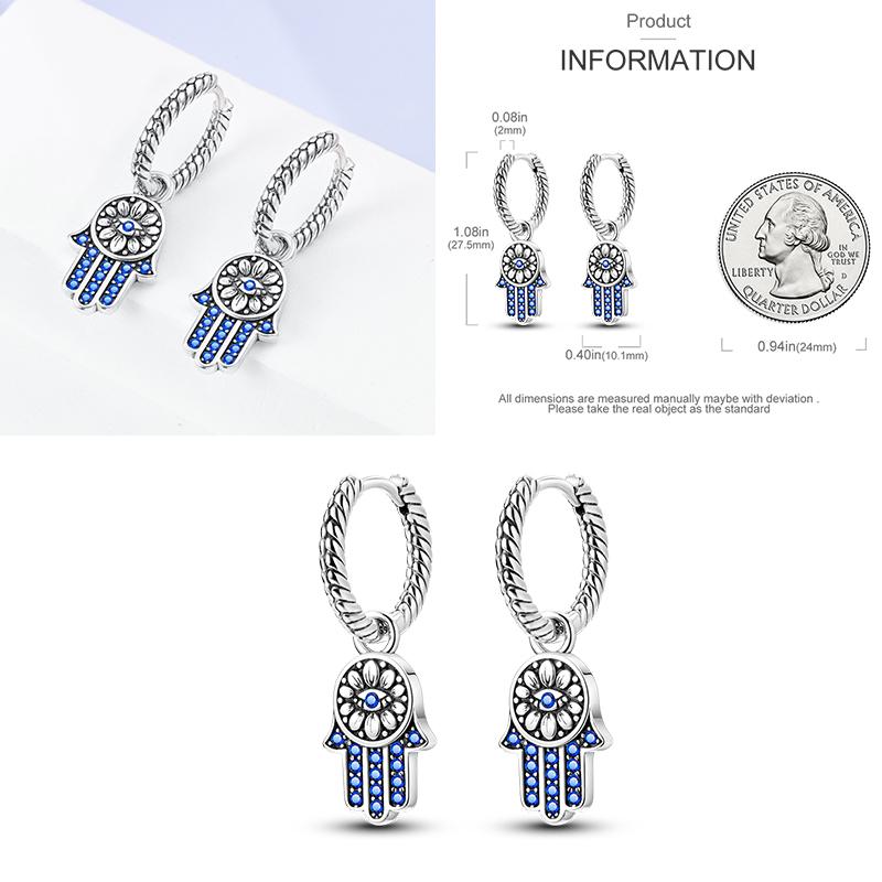 Sparkling Blue Zircon Hoop Earrings Pave U Shape Star Devil Eyes Circle S925 Drop Earring Fit Original Party Jewelry