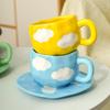 Blue Sky White Clouds Ceramic Mug and Saucer Set - Personalized Portable Coffee Cup for Couples