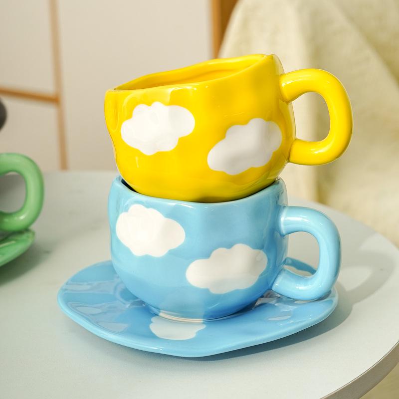 Blue Sky White Clouds Ceramic Mug and Saucer Set - Personalized Portable Coffee Cup for Couples