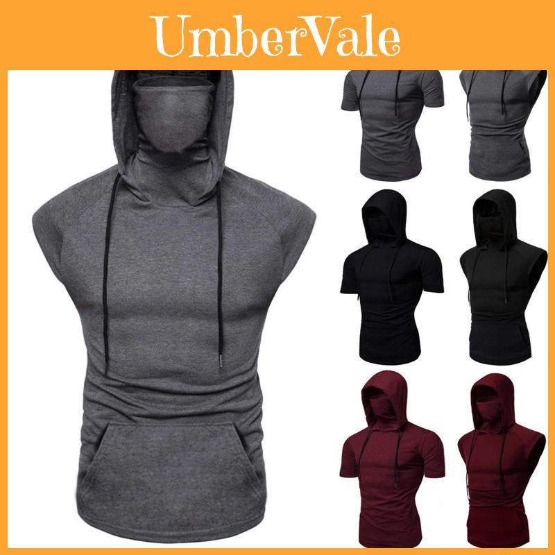 T-shirt con cappuccio da uomo alla moda, maglia a maniche lunghe, canotta con maschera protettiva per abbigliamento sportivo
