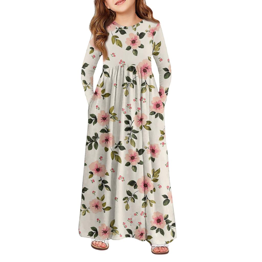 Mädchen Maxi Kleid - Langarm Taschenkleid