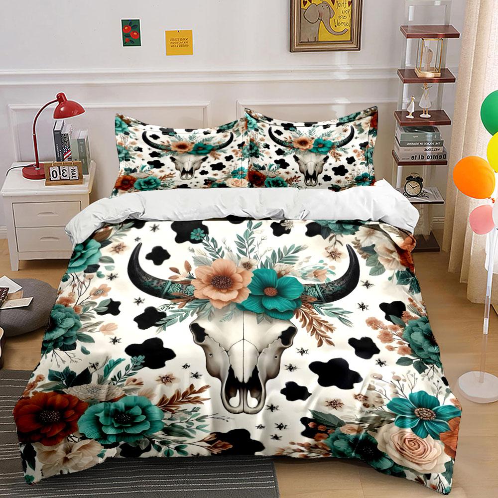 Floral Skull Western Decor Set Exquisite Three-Piece Bedding Set Gift For Kids And Adults