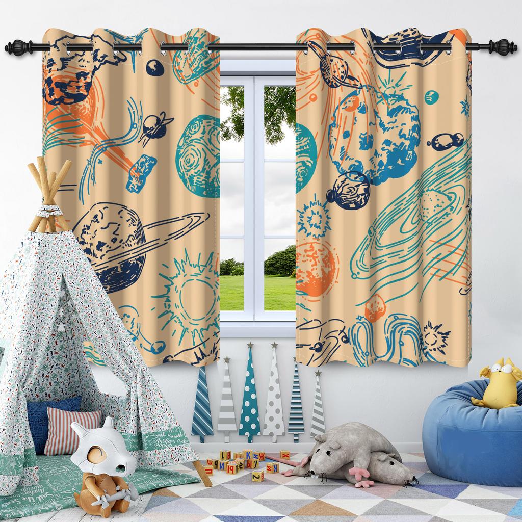 2pcs Moon Stars Window Curtains Children Bedroom Home Living Room Decoration Blackout Curtain Heat Insulation Noise Reduction