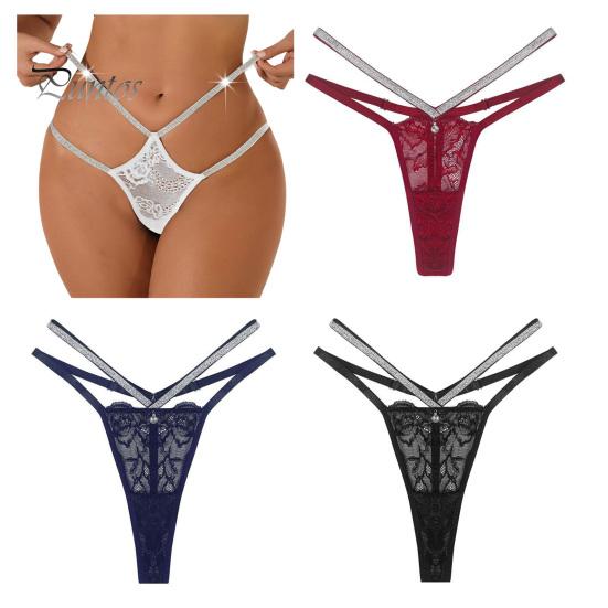 Thin Strap Underwear Women's Glitter Thong Sexy Floral Lace Sheer Breathable Strappy Rhinestone G-String Stretch Panties Romantic