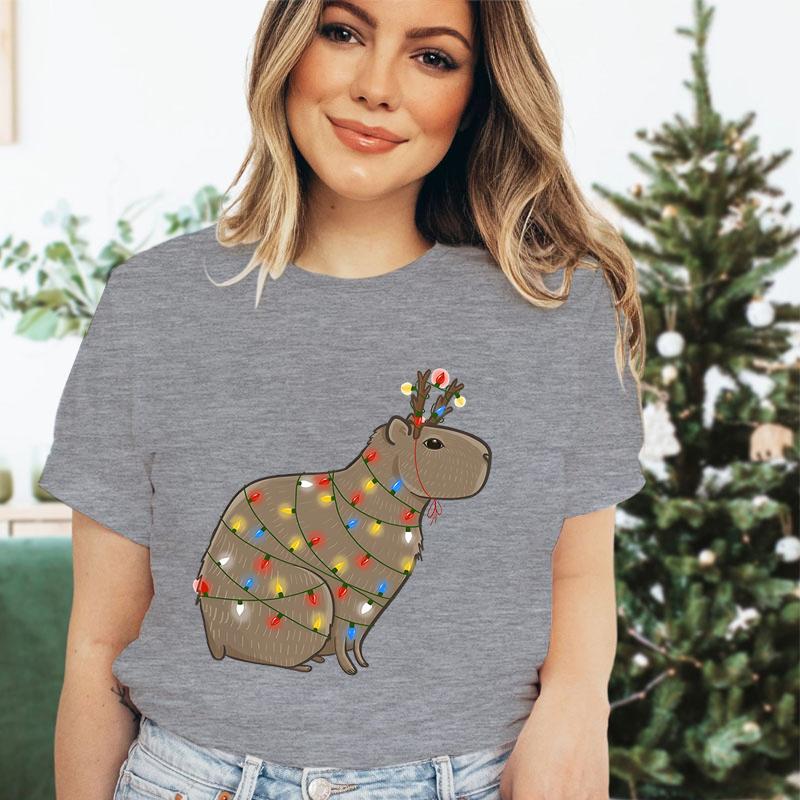 Womens Christmas Tshirt Funny Capybaras Lights Design Festive Crew Neck Girls Clothing Merry Christmas Capybara Cartoon Tshirt