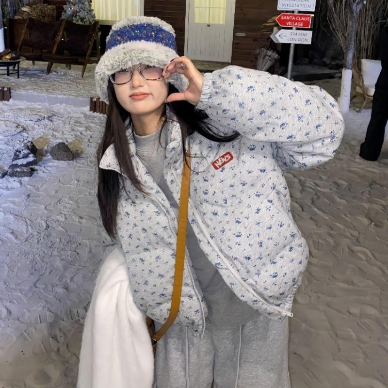 New Floral Short Cotton-padded Clothes for Women, Sweet Cotton-padded Jackets In Winter, Thickened Design Sense, Warm Jacket Tide