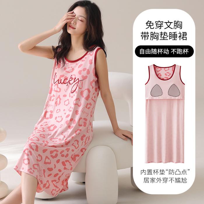 

Summer fattening plus size modal nightgown women with chest pad summer catties pajamas sleeveless loungewear M80-100