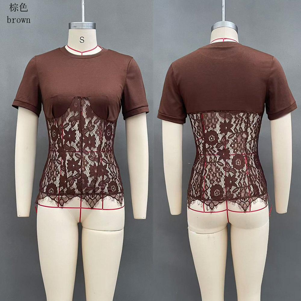 Nuovo Top Corto Estivo da Donna Sexy con Scollo Rotondo, Pizzo Trasparente e Inserti