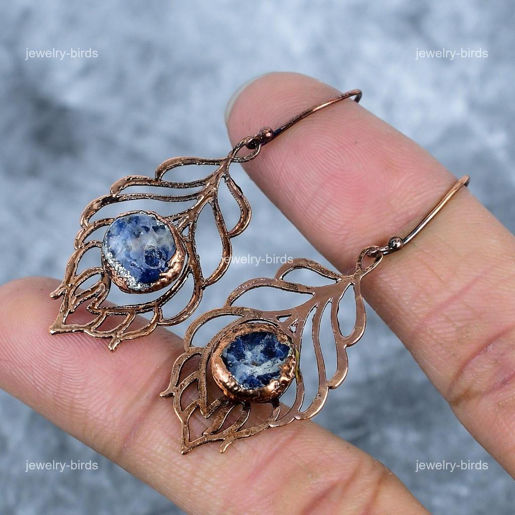 Round Sodalite Gemstone Copper Ethnic Electroformed Elegant Hook Drop Earrings VP-95