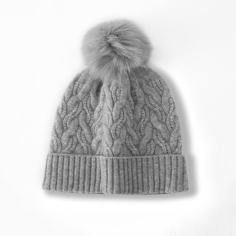 New Style Women's High End Solid Color Striped Fur Ball Thickened Warm Fashion Knitted Casual Hat