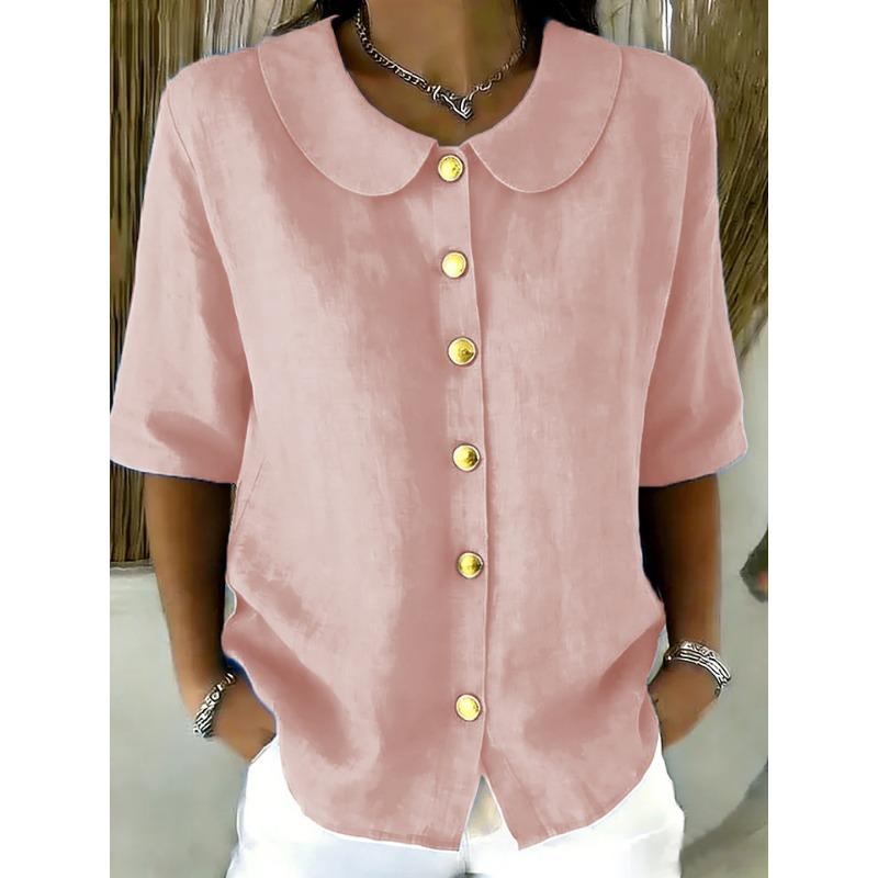 Elegant Commuting Loose Solid Button Half Sleeve Shirt For Women