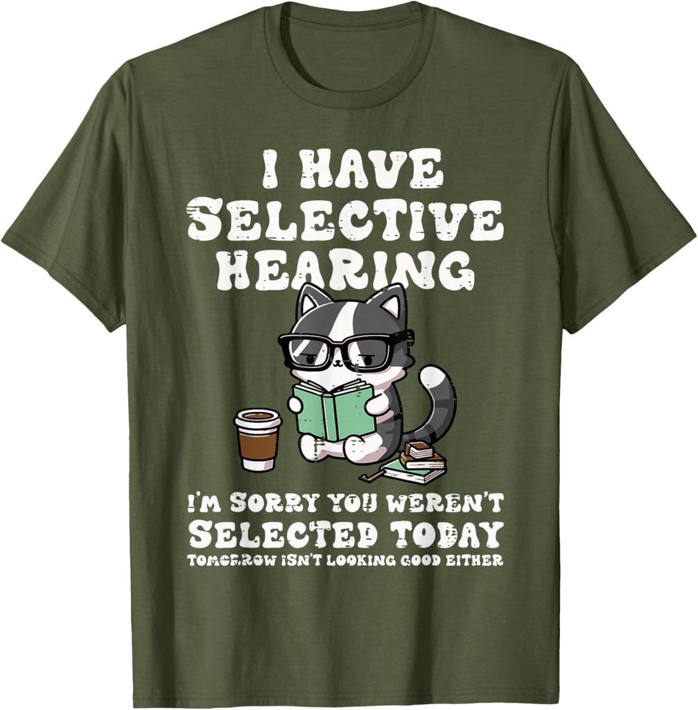 Funny Selective Hearing Cat Reading Graphic Tee Casual Cotton Short Sleeve TShirt for Men