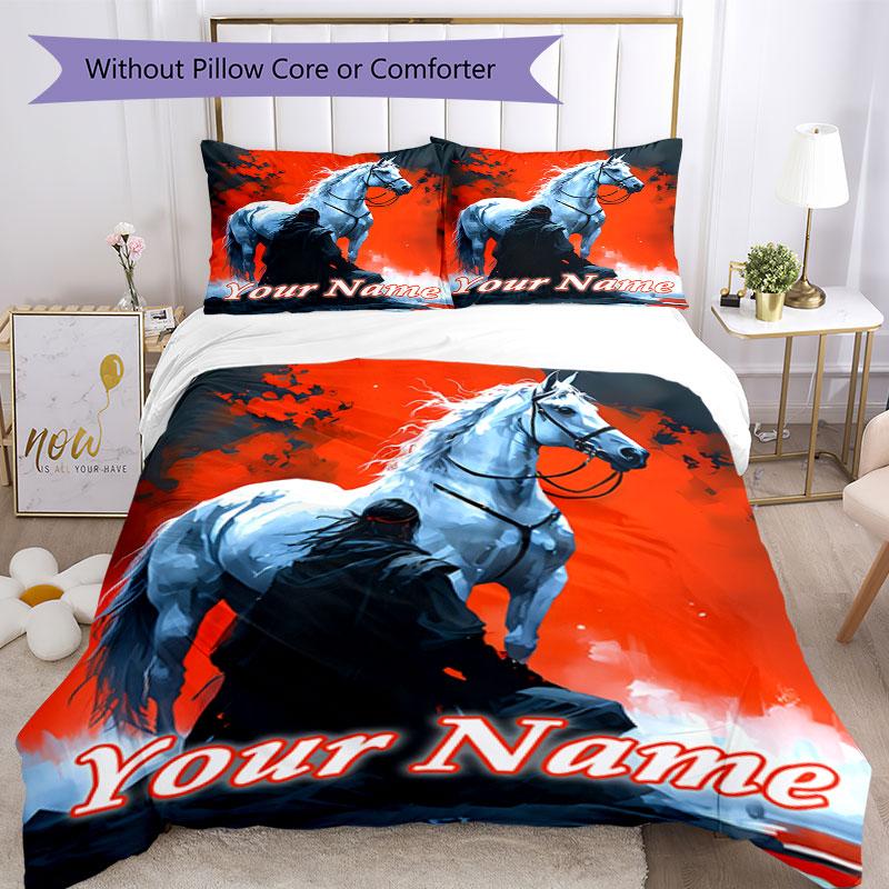 3PC Custom Name Rider White Horse Bedding Set Duvet Cover Closure Includes 1 Duvet Cover & 2 Pillowcases for Bedroom
