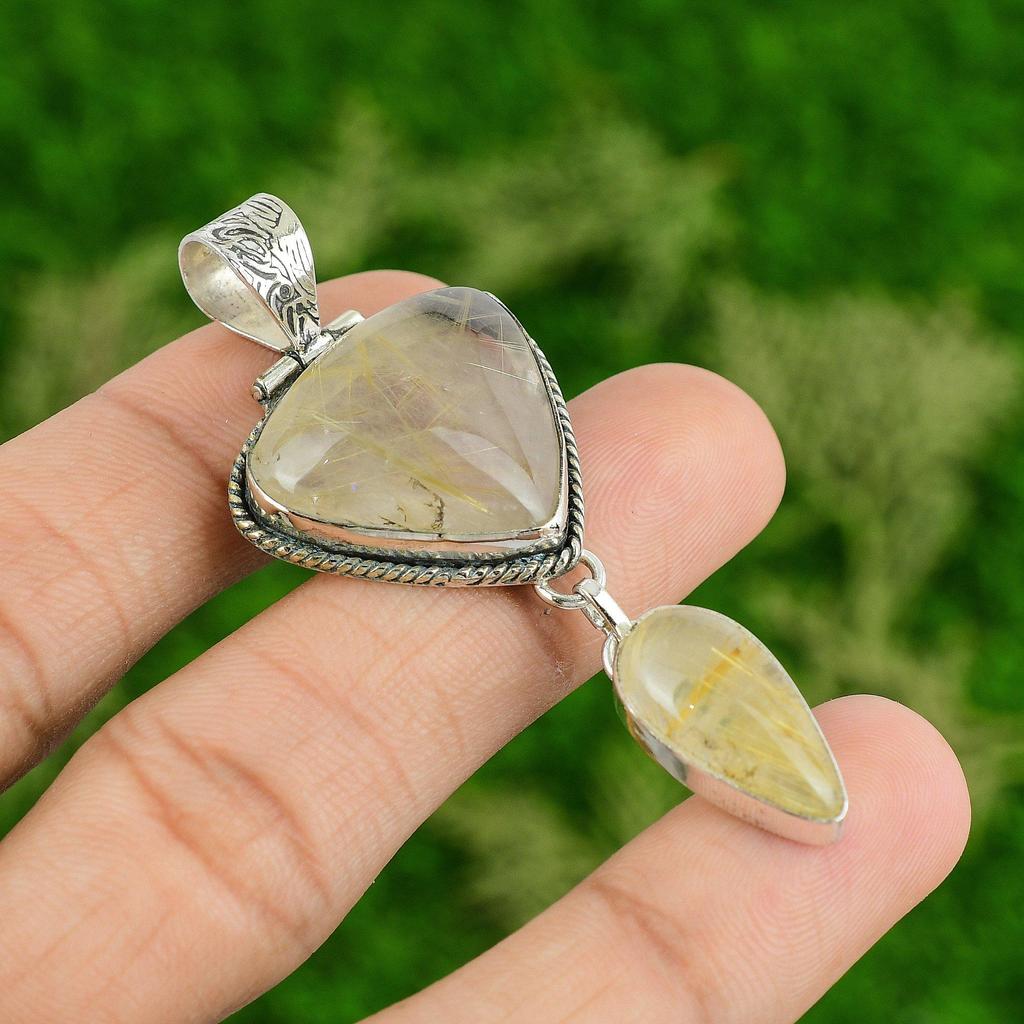 Daughters Day Sale Pear Natural Golden Rutile 925 Silver Mother Pendant Jewelry