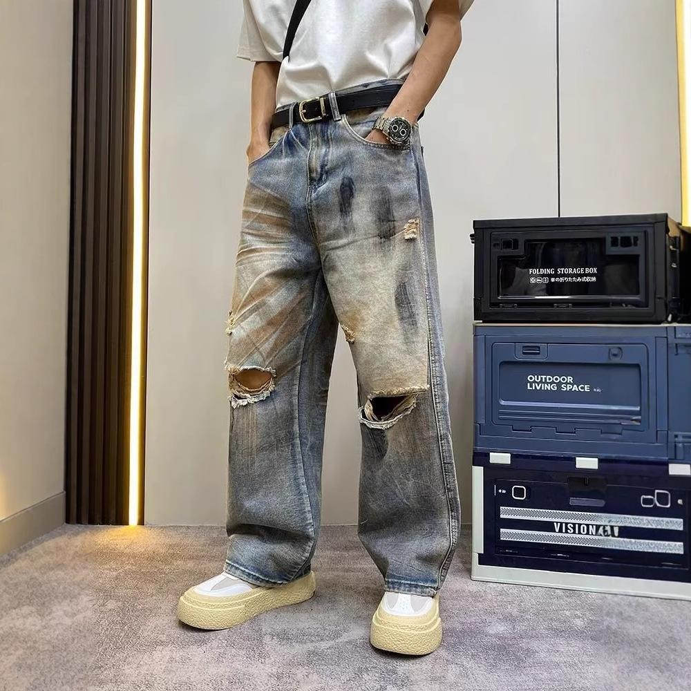 American retro high street ripped jeans men's summer tie-dye washed ruffian handsome dirty casual straight wide-leg pants