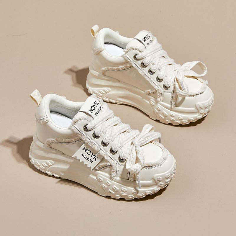 2025 Women's Colorblock Genuine Leather Casual Shoes with Thick Sole and Height Increase