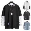Men Spring T-shirt Fake Two-piece Round Neck Long Sleeves Loose Pullover Keep Warm Contrast Color Friendly to Skin Men Top Men Clothes