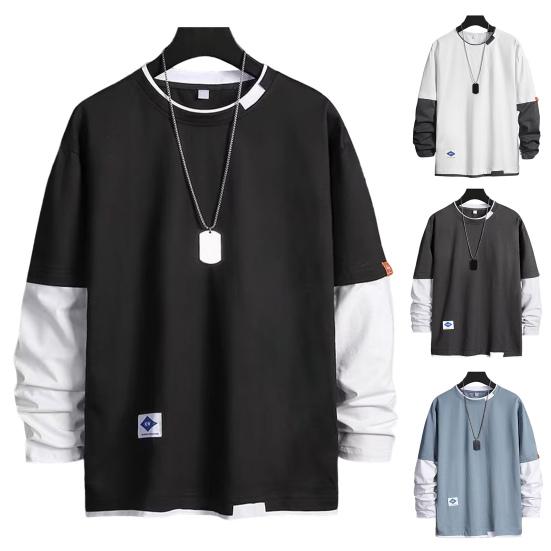 Men Spring T-shirt Fake Two-piece Round Neck Long Sleeves Loose Pullover Keep Warm Contrast Color Friendly to Skin Men Top Men Clothes