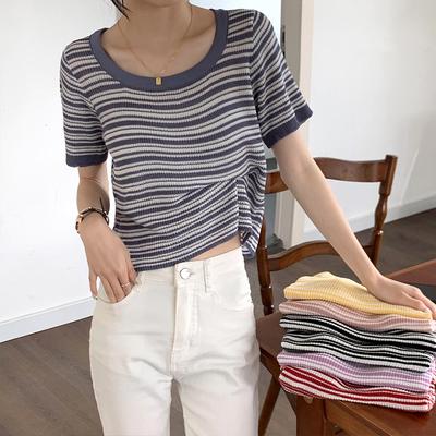 Striped T-shirt Women's Summer New Korean Version of Simple Loose with Thin Knit Short-sleeved Top Ins