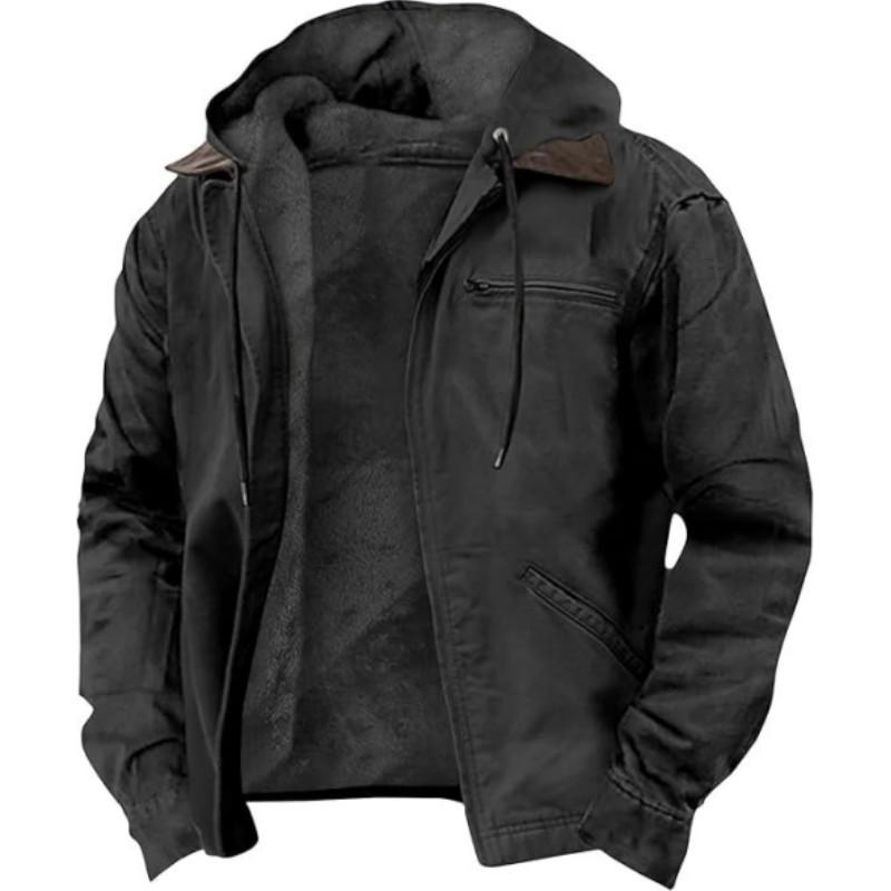 Men Autumn Winter Solid Color Hooded Clothes Casual Velvet Zipper Pocket Hoodie Coat