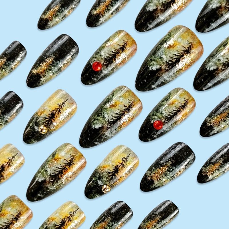 Press-på-nagel Kort mandel Formad lösnagel Fransk heltäckande Akryl Lösnagel Blommönster Lösnagel för Kvinnor och Flickor