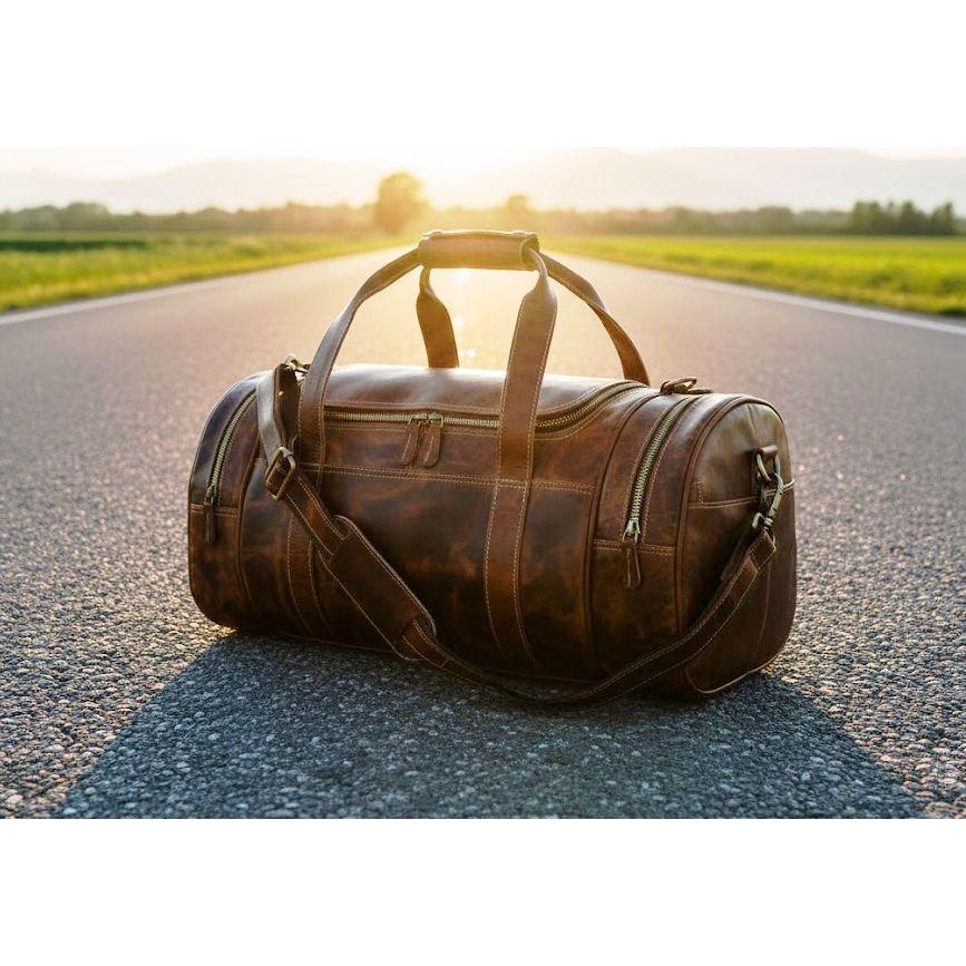 Textured Buffalo Leather Round Duffel Bag, Overnight Weekender Bag, Buffalo Travel Bag For Men & Women, Personalized Leather Overnight Bag