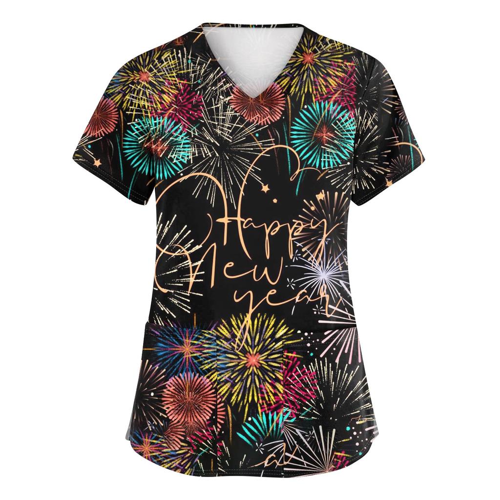 Women's Fashion Printed Short Sleeve V Neck Pattern Tops Pocket Working T-shirts