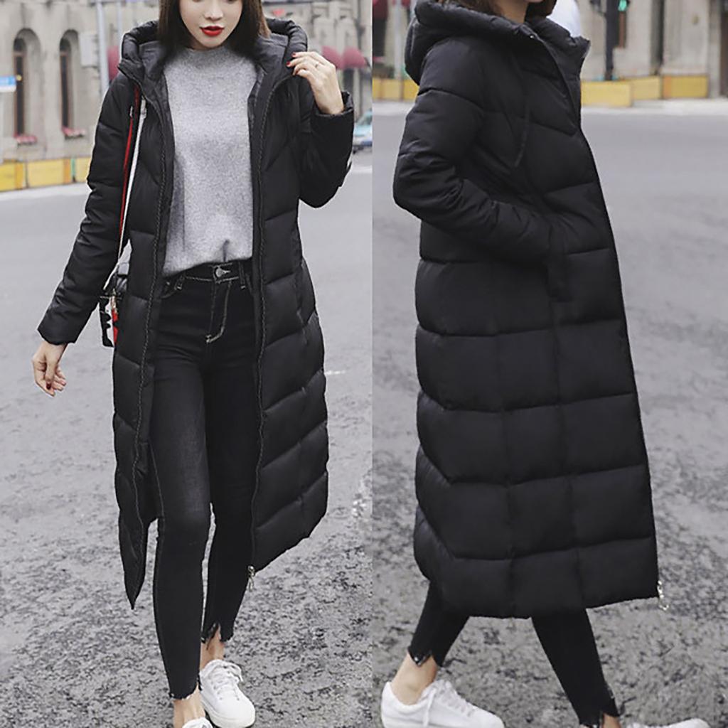Womens Ladies Warm Plus Size Solid Color Hooded Single Breasted Medium Length Cotton Jacket Waistcoat Slim Cardigan Coat