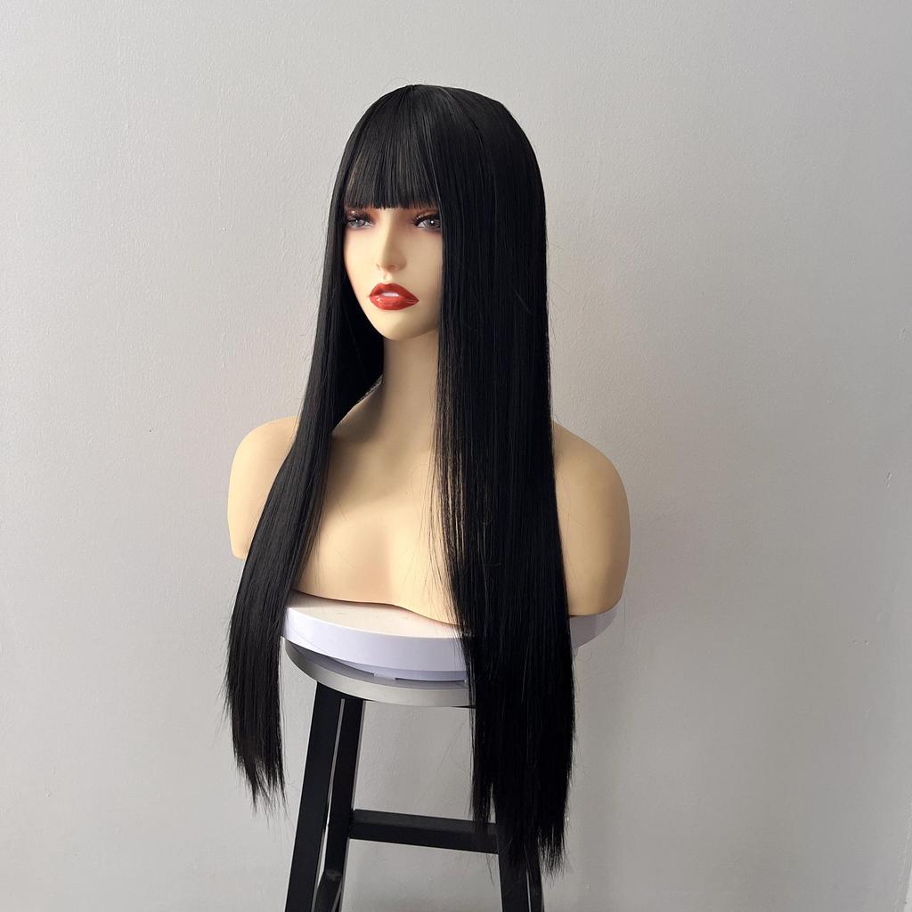 Universal Daily Style Black Long Straight Synthetic Wig with Bangs