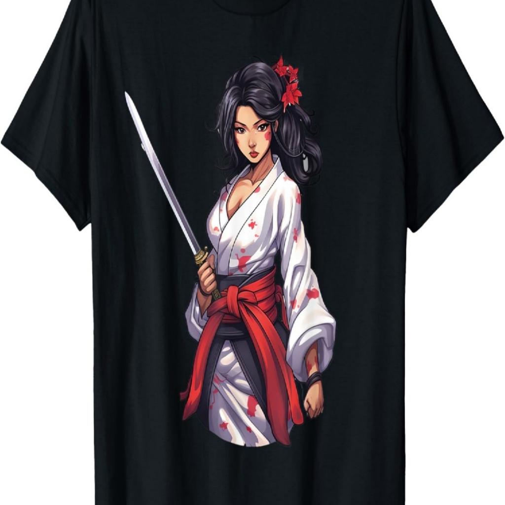 T-shirt Vintage Retro con Fiori di Ciliegio Sakura Samurai Girl(594)
