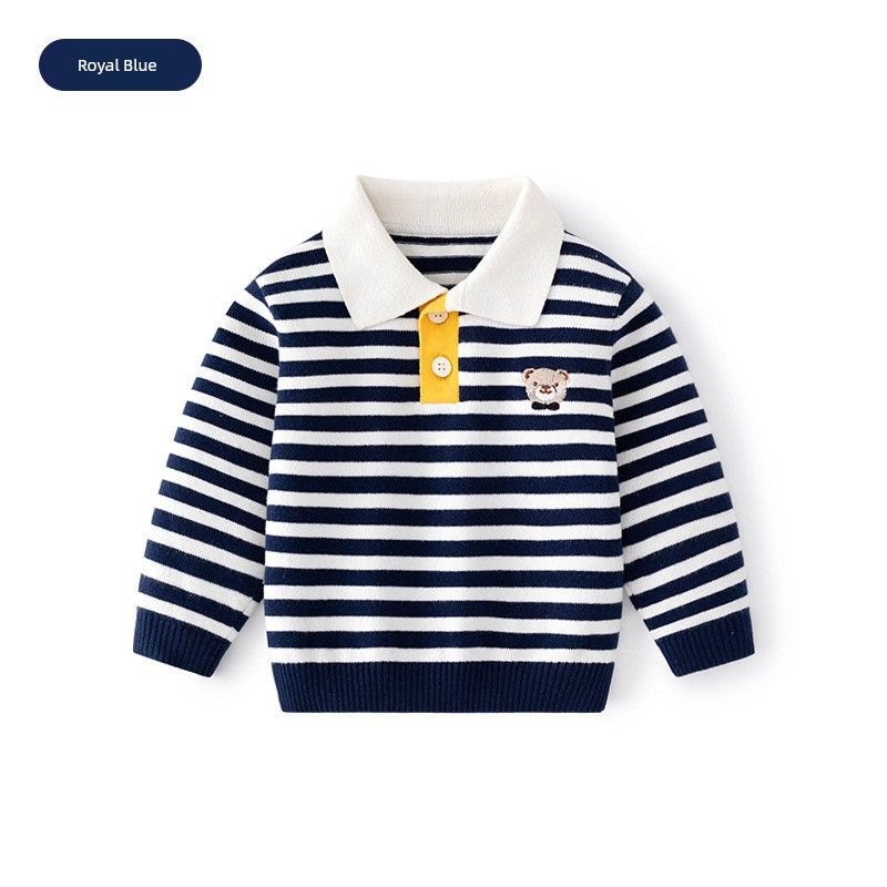 Autumn and Winter Cotton Striped Polo Shirt Women s Sweater Royal Blue 80
